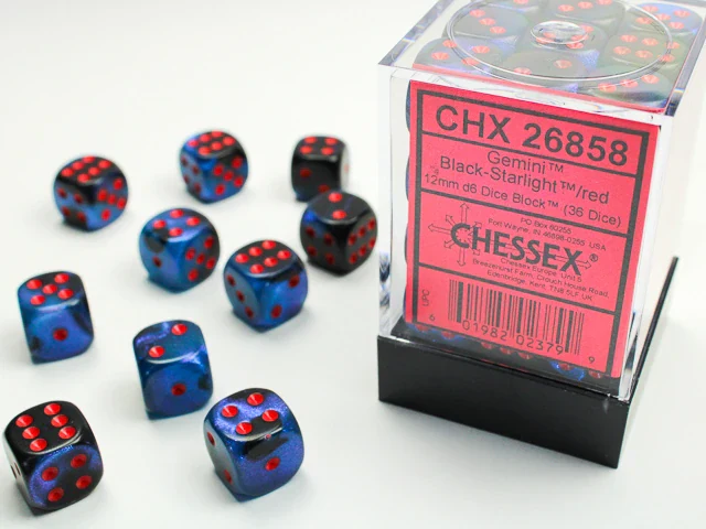 Gemini: 12mm D6 Black-Starlight/Red (36)