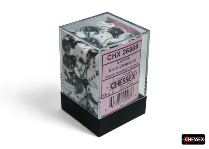 Gemini: Black-White/Pink 12mm D6 (36 dice) - Image 3