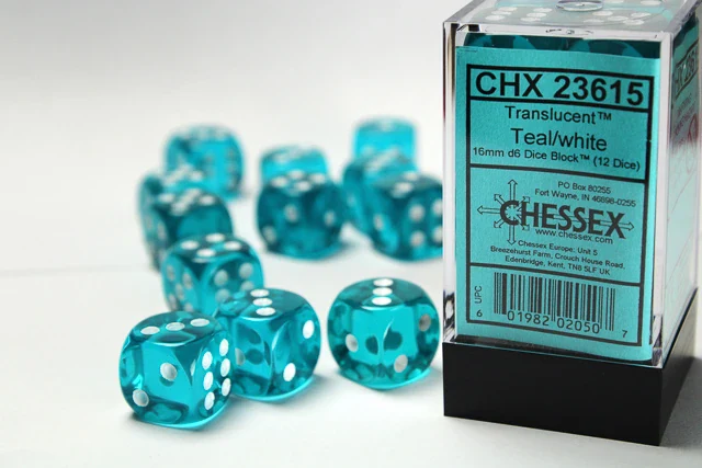 Translucent: 16mm D6 Teal/White Dice Block (12 Dice)